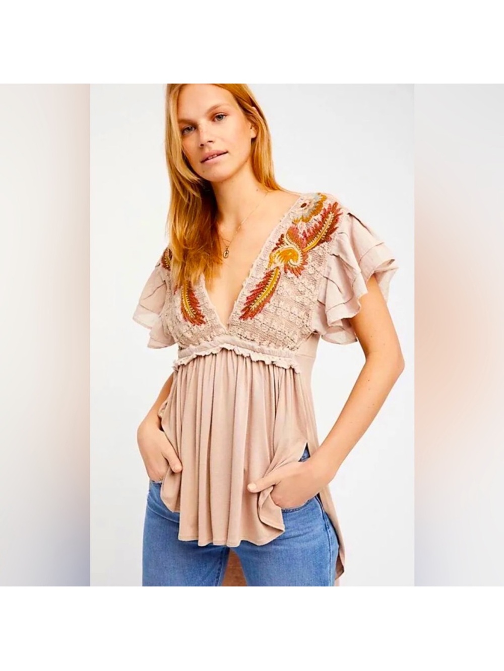 Free People Fiesta nueva tunic deep V neckline bohemian embroidery M